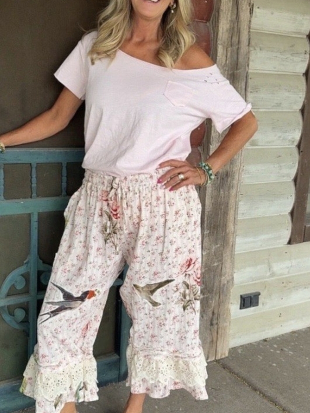 Floral Bird Print Elastic Waist Ruffle Hem Bottoms - Cream Xl New Without Tags - Picture 7 of 12